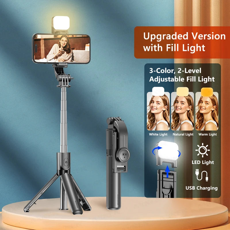 Selfie Stick Tripod with Detachable Bluetooth Remote, 360° Rotation,Extendable Pole, Fill Light Option, for iPhone and Android Phone