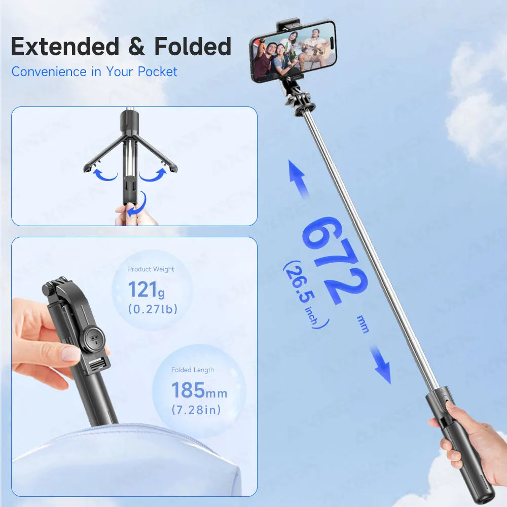 Selfie Stick Tripod with Detachable Bluetooth Remote, 360° Rotation,Extendable Pole, Fill Light Option, for iPhone and Android Phone