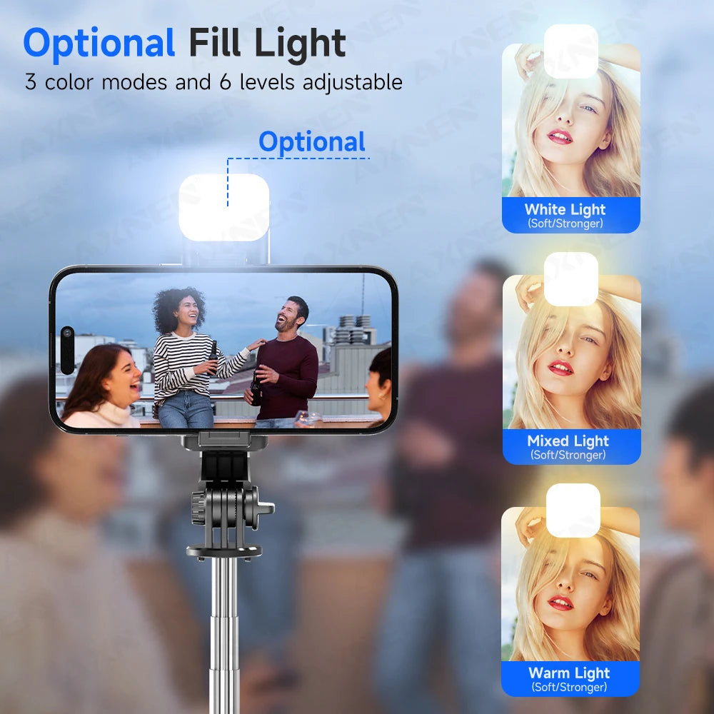 Selfie Stick Tripod with Detachable Bluetooth Remote, 360° Rotation,Extendable Pole, Fill Light Option, for iPhone and Android Phone